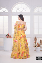 Women Yellow Floral Printed Ruffle Blouse Lehenga Set with Dupatta