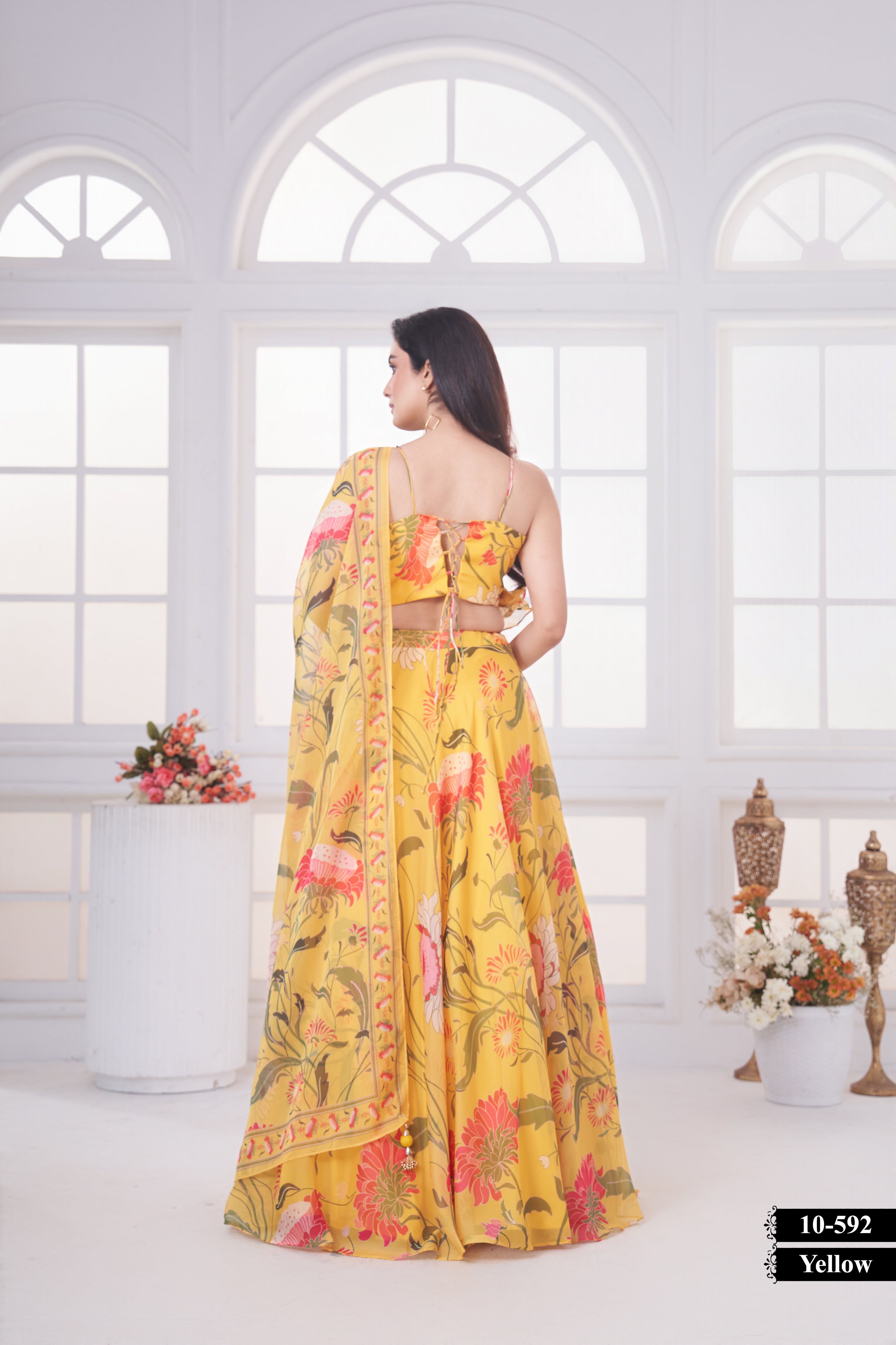 Women Yellow Floral Printed Ruffle Blouse Lehenga Set with Dupatta