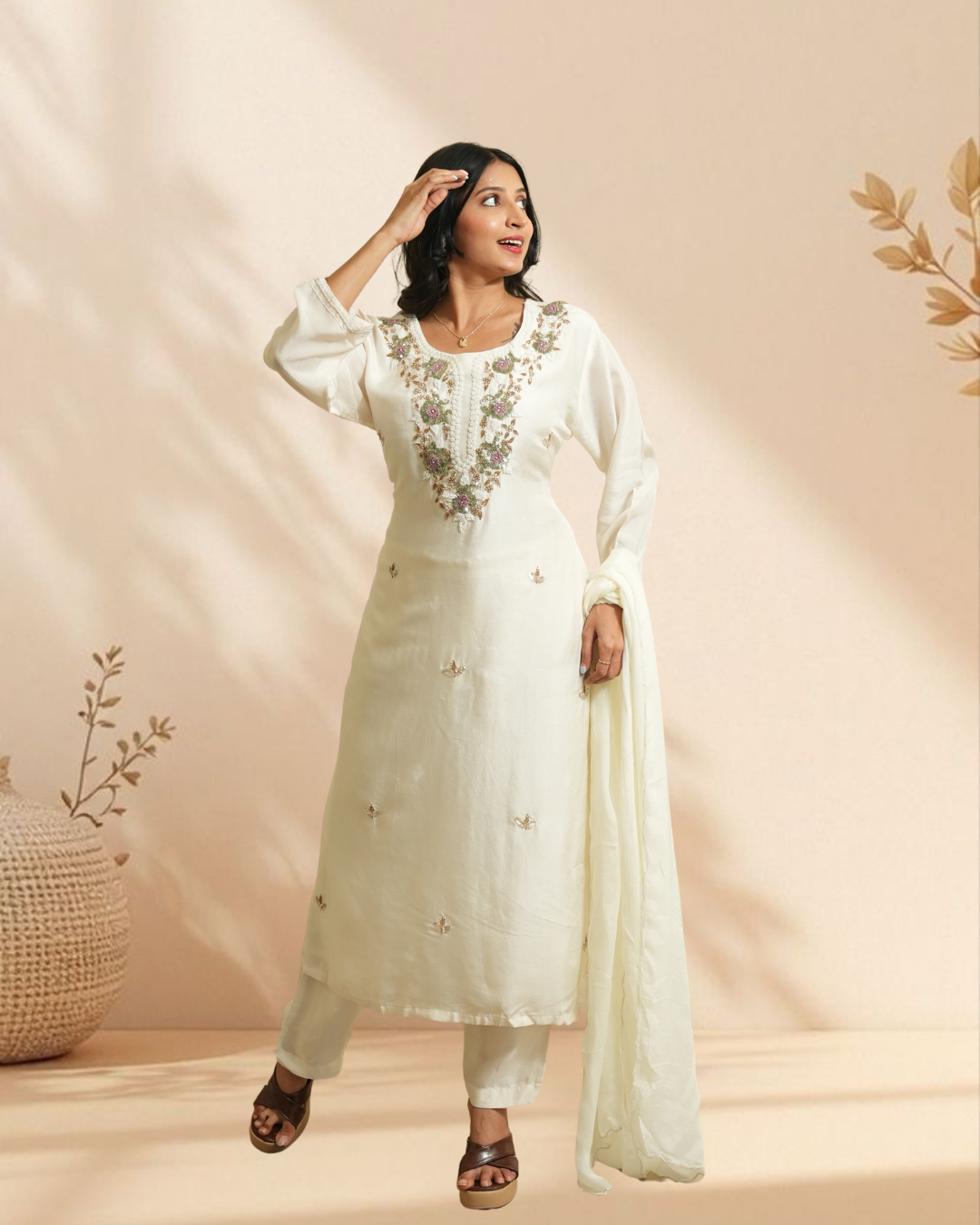 Off white graceful Embroidered Suit