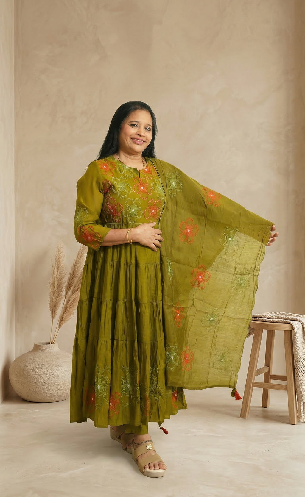 Effortlessly elegant olive embroidered kurta set