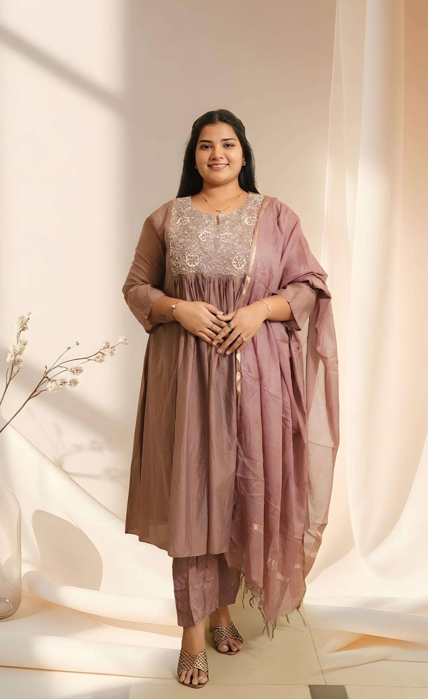 Elegant dusty rose Embroidered Kurta Set with Dupatta