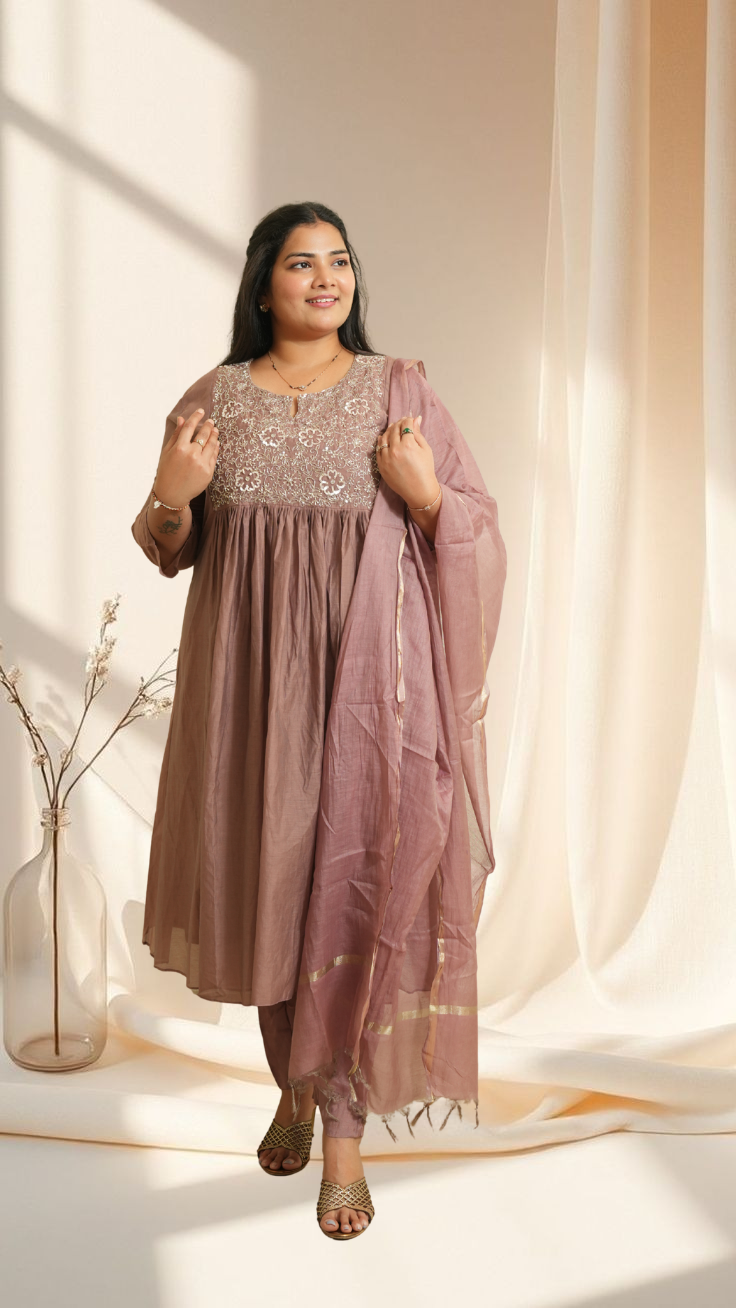 Elegant dusty rose Embroidered Kurta Set with Dupatta