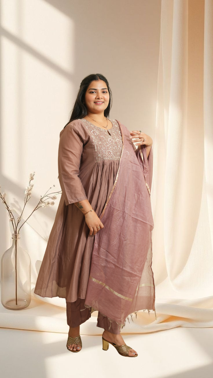 Elegant dusty rose Embroidered Kurta Set with Dupatta