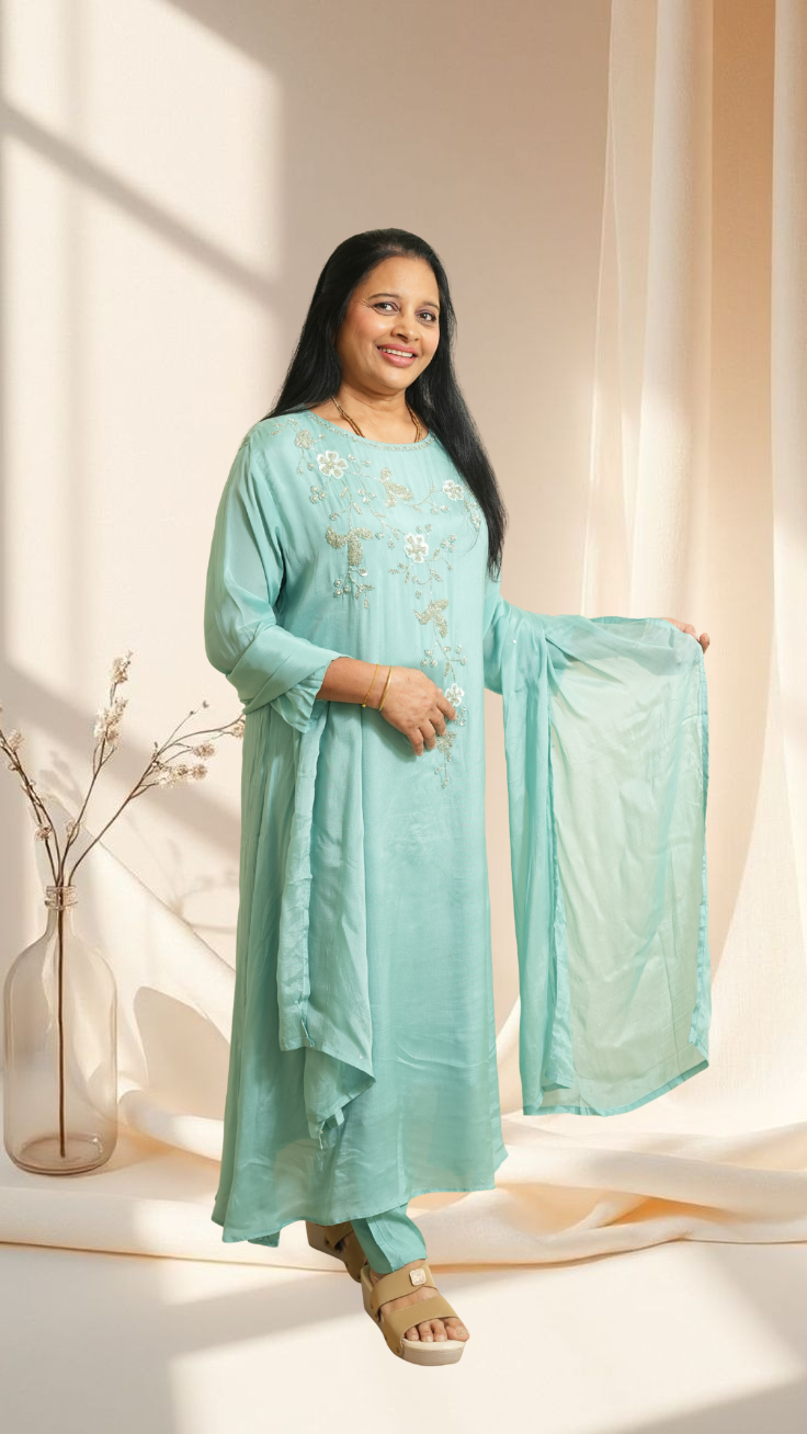Elegant pastel aqua Embroidered Kurta Set