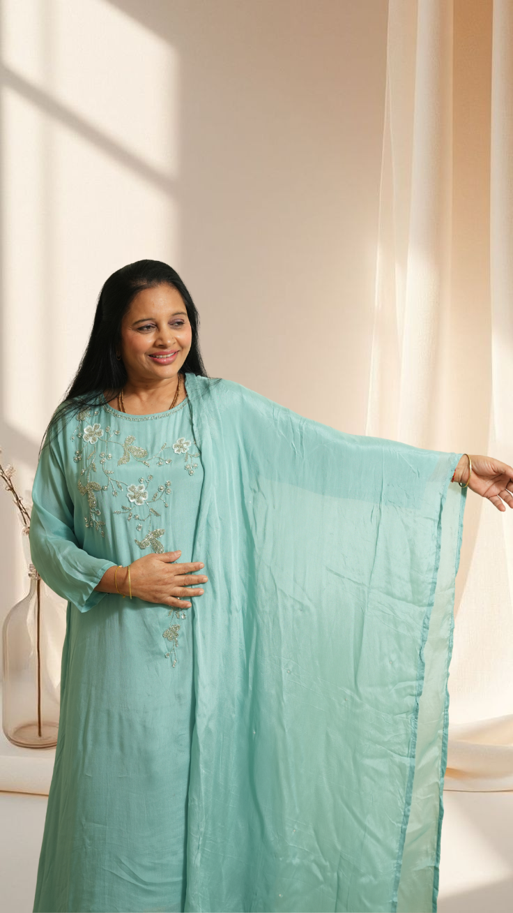 Elegant pastel aqua Embroidered Kurta Set