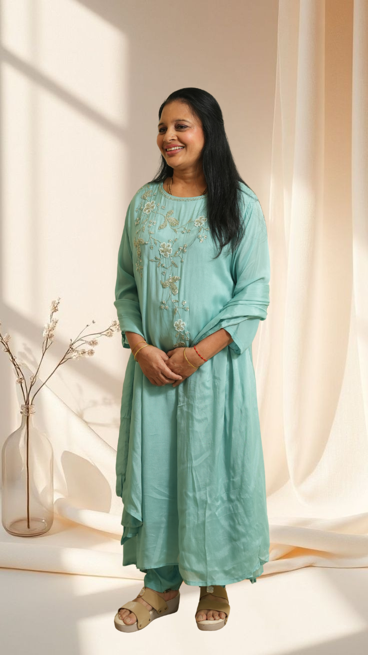 Elegant pastel aqua Embroidered Kurta Set