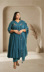 Graceful Teal Blue Suit With Delicate Floral Detailing