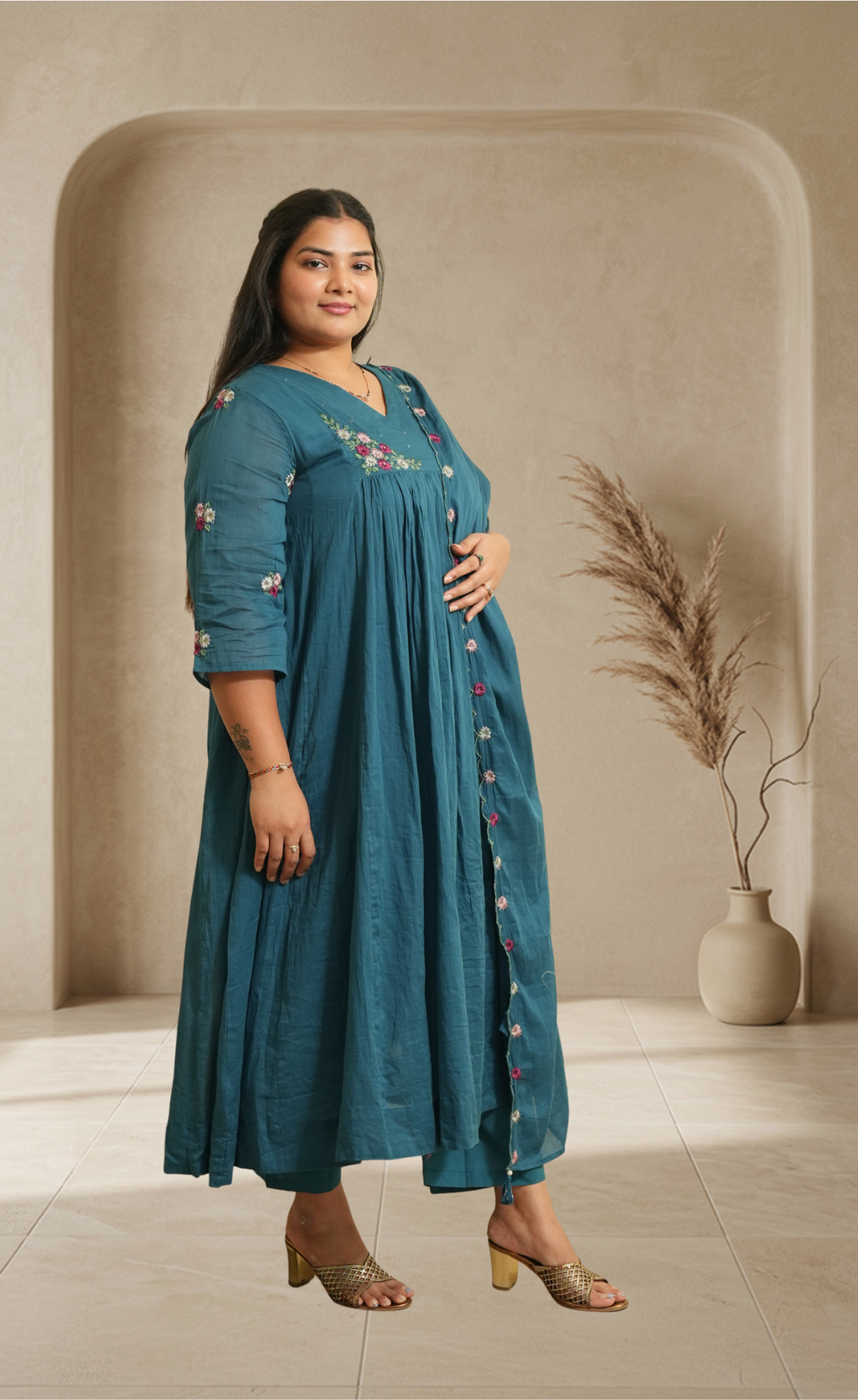 Graceful Teal Blue Suit With Delicate Floral Detailing