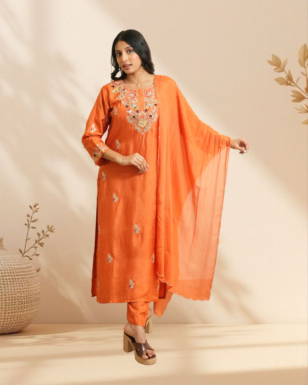 Tiger Orange Chanderi Silk Suit
