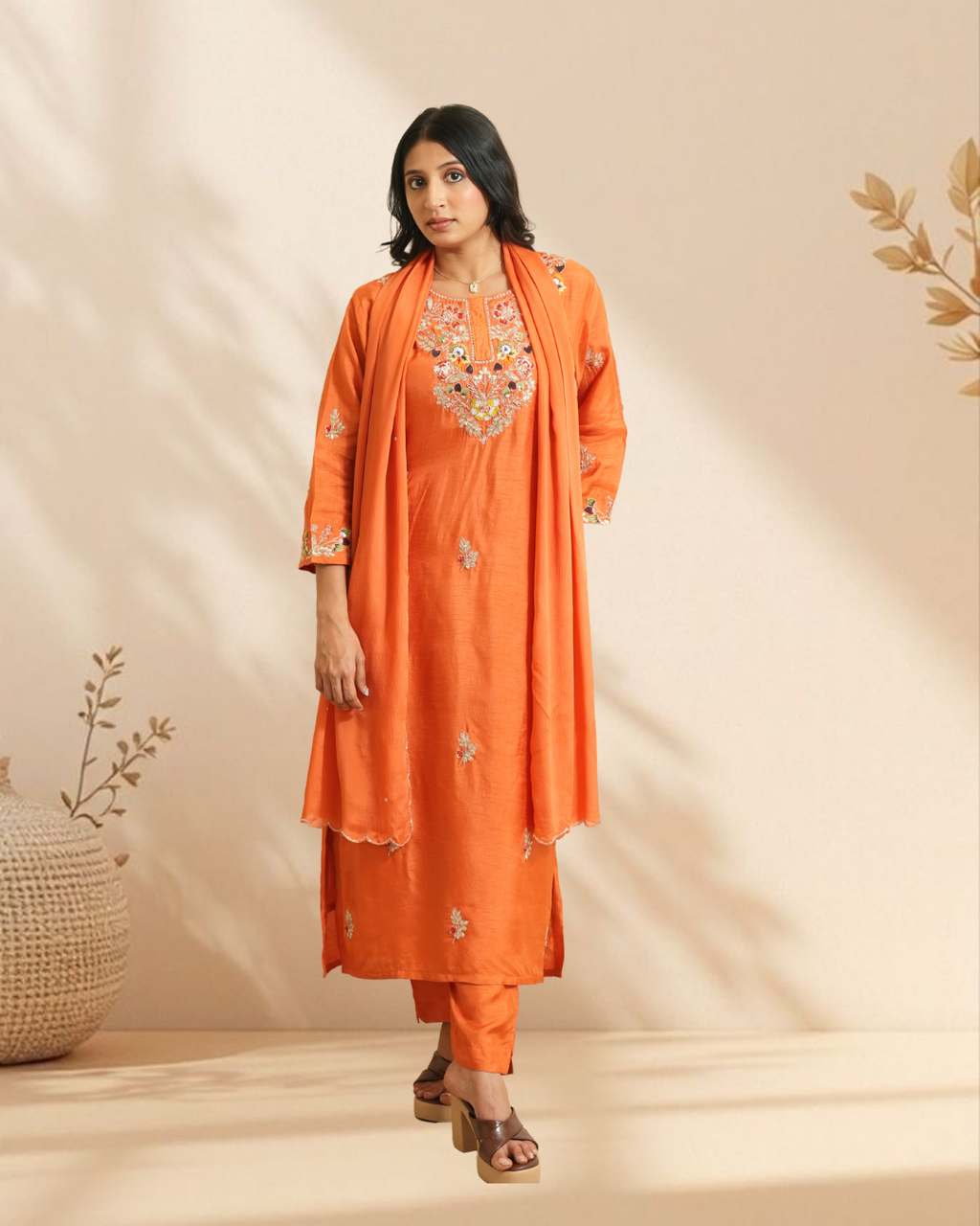 Tiger Orange Chanderi Silk Suit