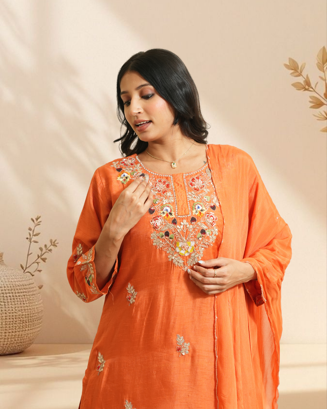 Tiger Orange Chanderi Silk Suit