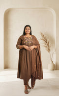 Effortless Elegant in Earthy Tones with Delicate Floral Embroidery Chocolate Brown Suit