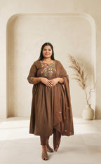 Effortless Elegant in Earthy Tones with Delicate Floral Embroidery Chocolate Brown Suit