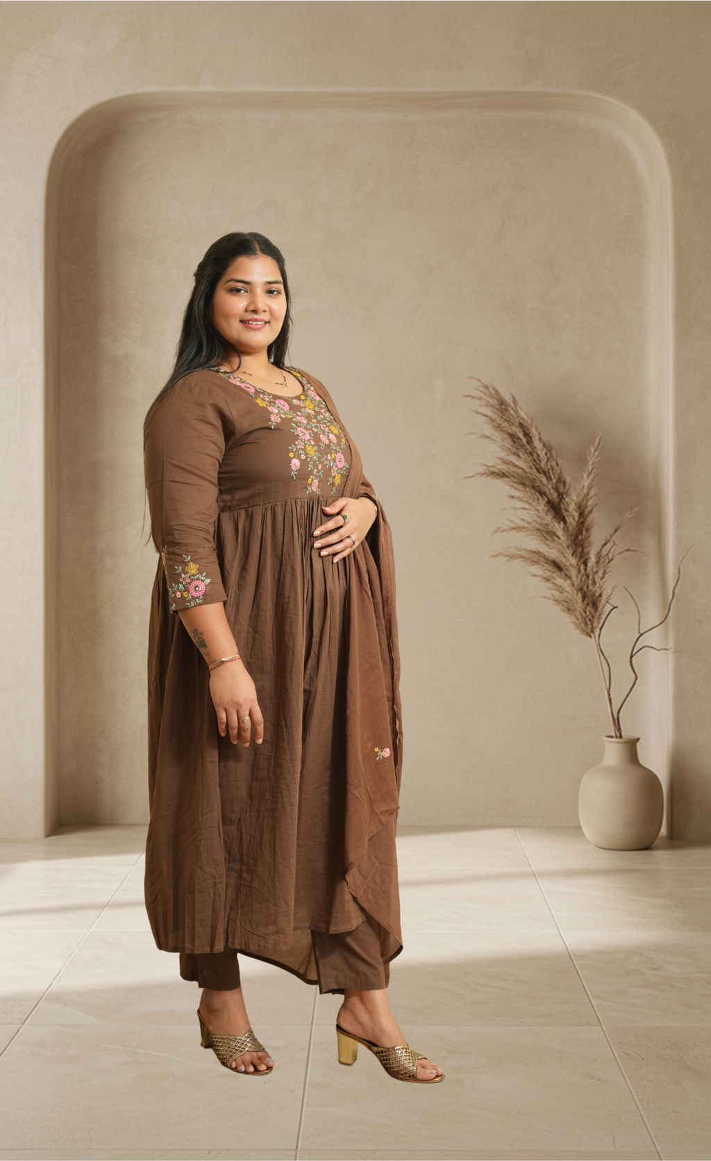 Effortless Elegant in Earthy Tones with Delicate Floral Embroidery Chocolate Brown Suit