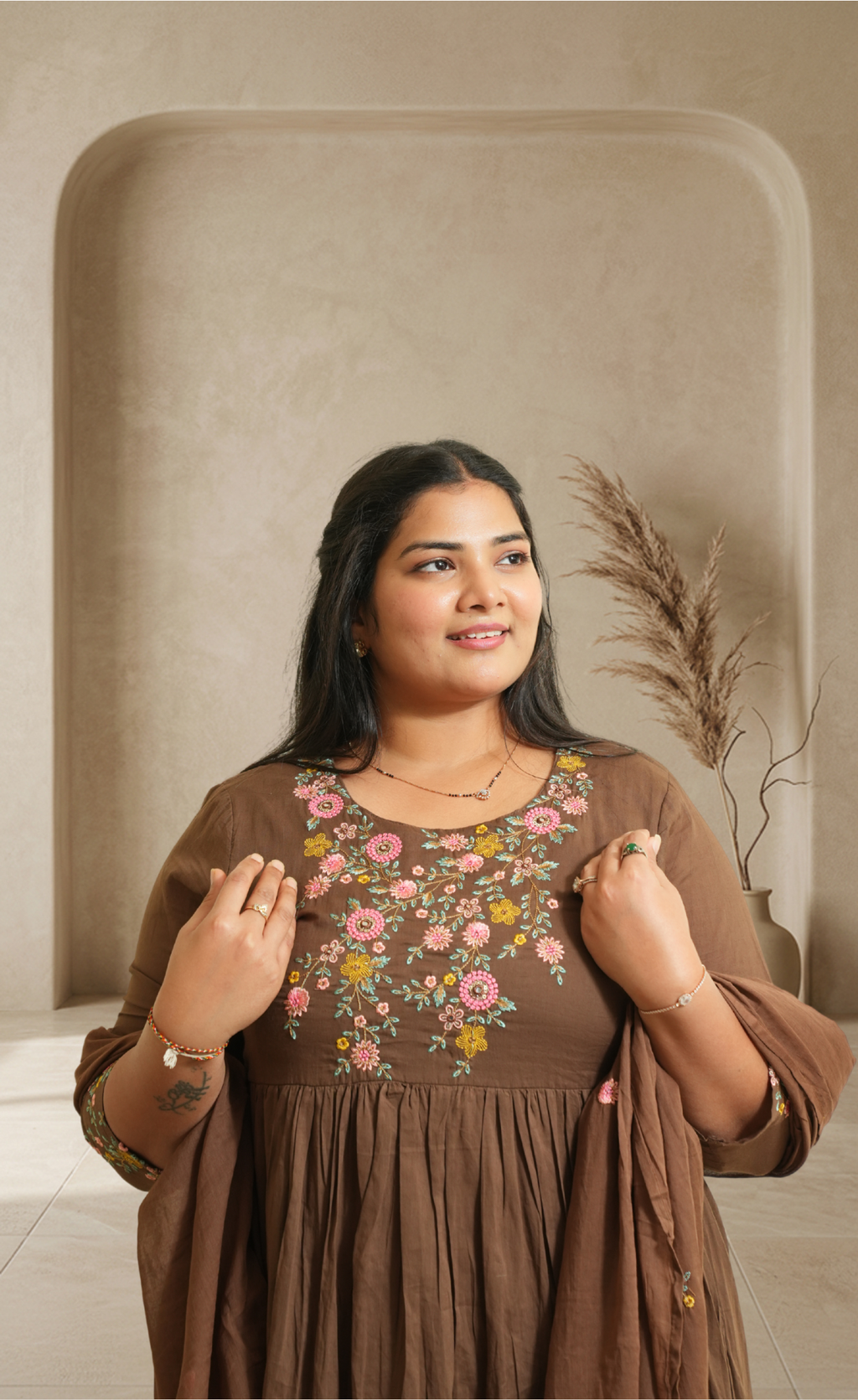Effortless Elegant in Earthy Tones with Delicate Floral Embroidery Chocolate Brown Suit