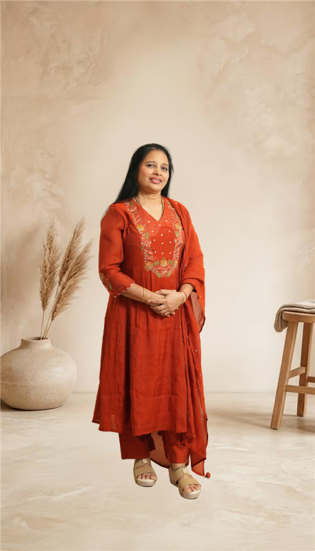 Elegant Festive rust Kurta Set with Embroidered Yoke & Dupatta