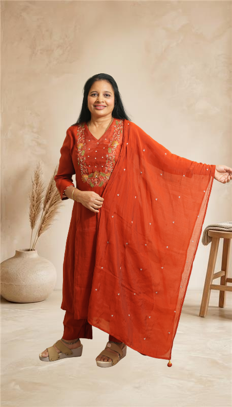 Elegant Festive rust Kurta Set with Embroidered Yoke & Dupatta