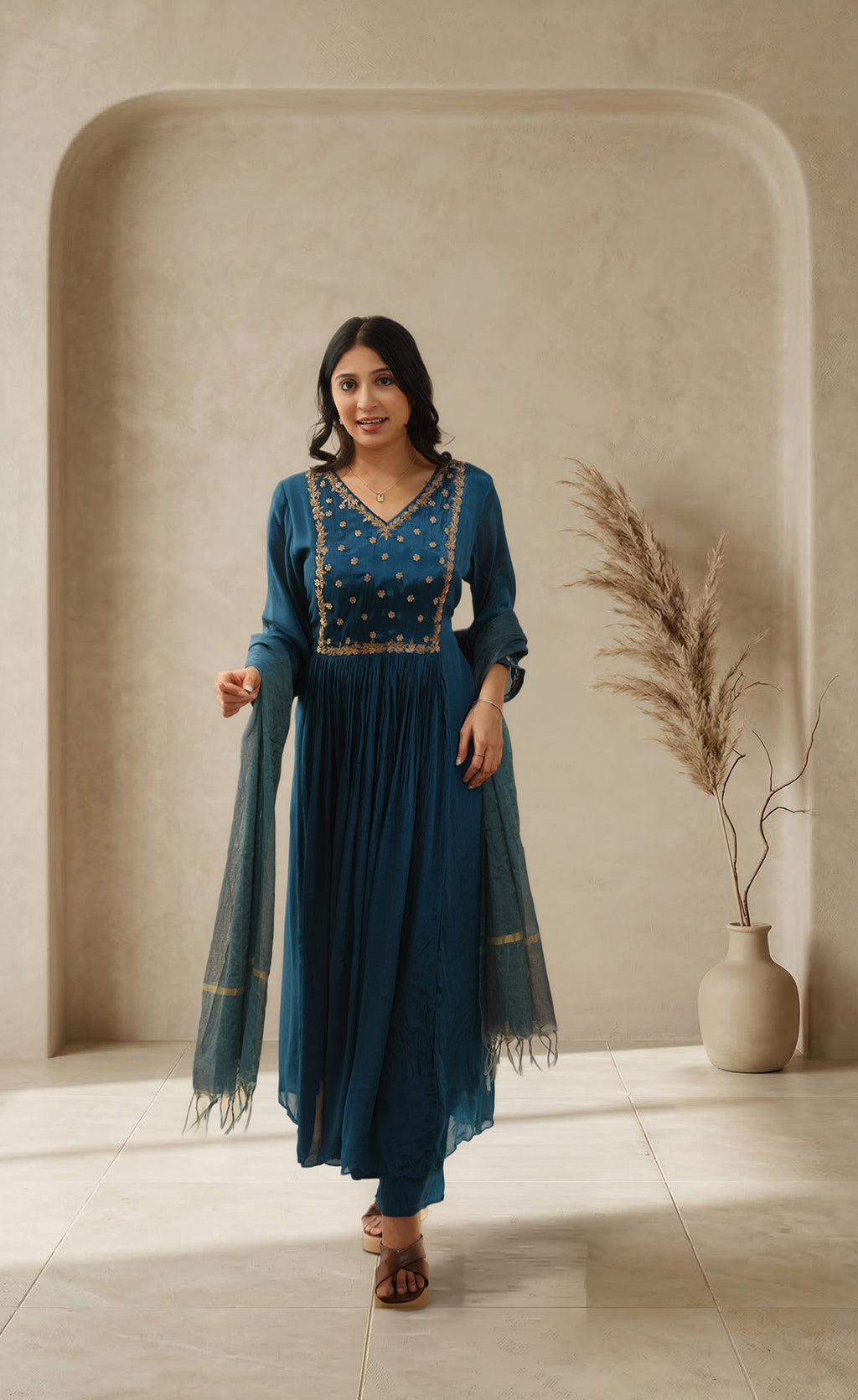 Women dark Teal blue Embroidered Anarkali Kurta Set with Pants & Dupatta