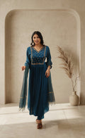 Women dark Teal blue Embroidered Anarkali Kurta Set with Pants & Dupatta