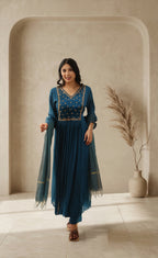 Women dark Teal blue Embroidered Anarkali Kurta Set with Pants & Dupatta