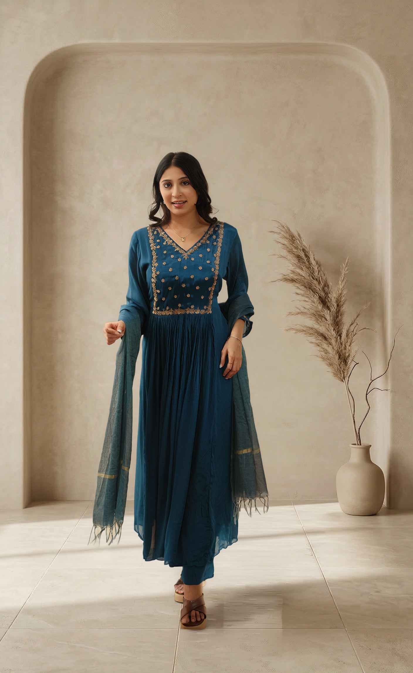 Women dark Teal blue Embroidered Anarkali Kurta Set with Pants & Dupatta