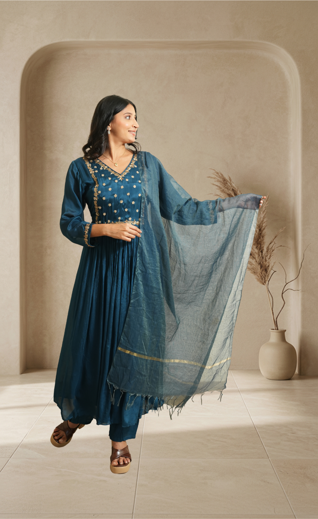 Women dark Teal blue Embroidered Anarkali Kurta Set with Pants & Dupatta