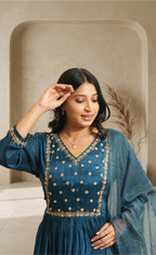 Women dark Teal blue Embroidered Anarkali Kurta Set with Pants & Dupatta