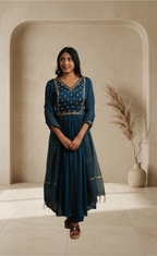 Women dark Teal blue Embroidered Anarkali Kurta Set with Pants & Dupatta
