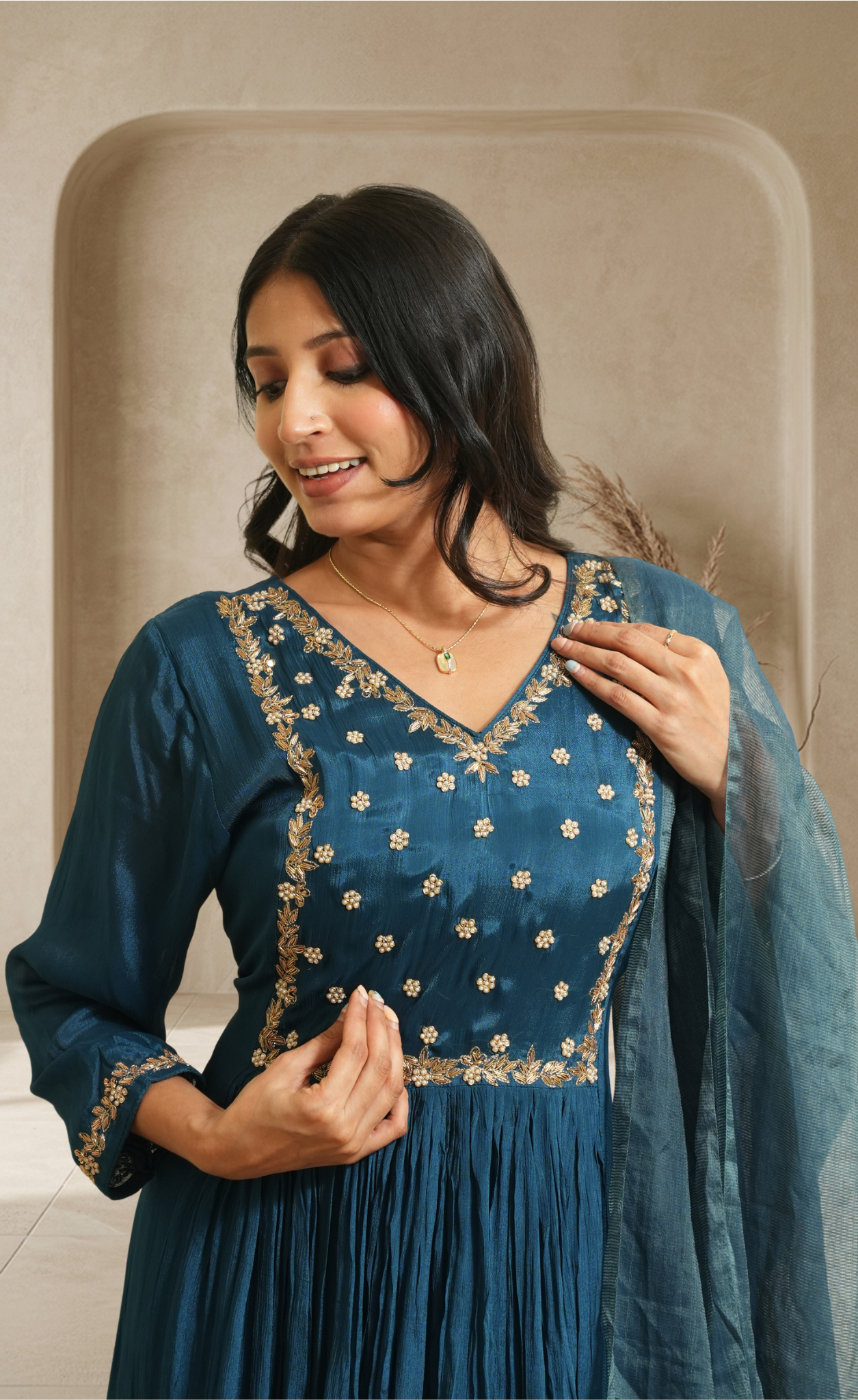 Women dark Teal blue Embroidered Anarkali Kurta Set with Pants & Dupatta