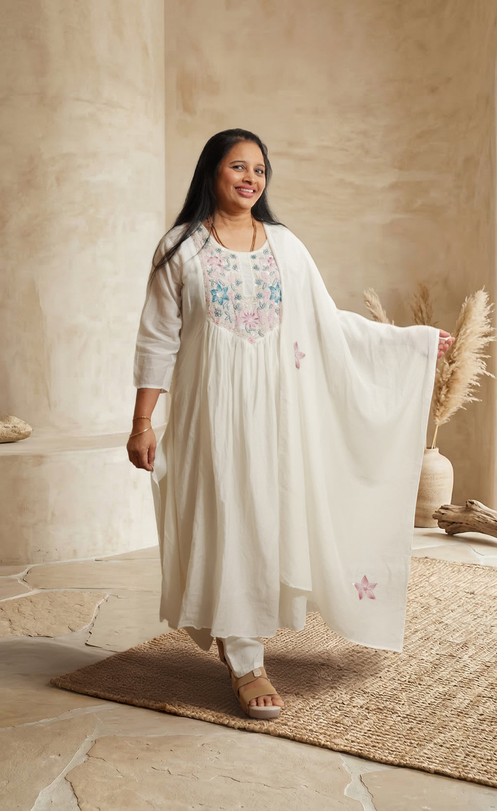 Women Off-White Floral Embroidered Kurta with Pants & Dupatta Set