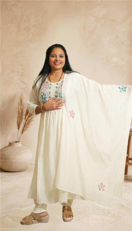 Women Off-White Floral Embroidered Kurta with Pants & Dupatta Set