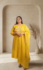 Women Yellow Embroidered Kurta Set with Dupatta