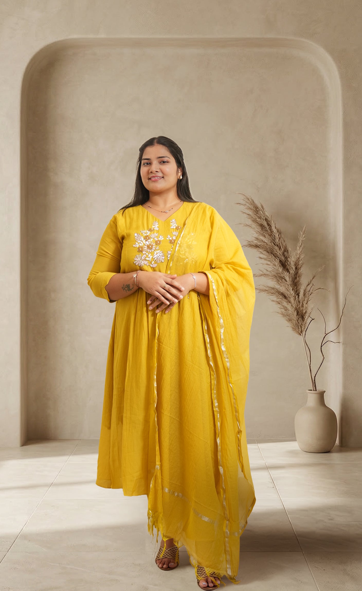 Women Yellow Embroidered Kurta Set with Dupatta