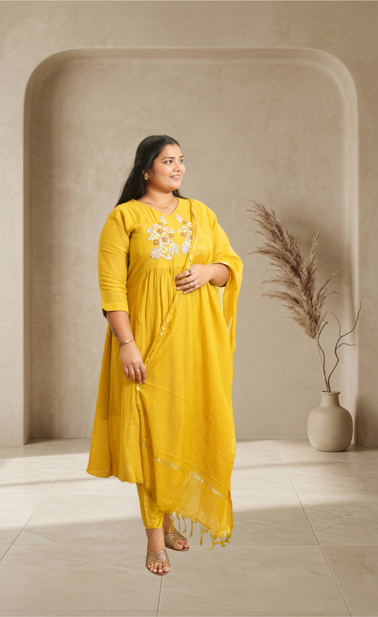 Women Yellow Embroidered Kurta Set with Dupatta