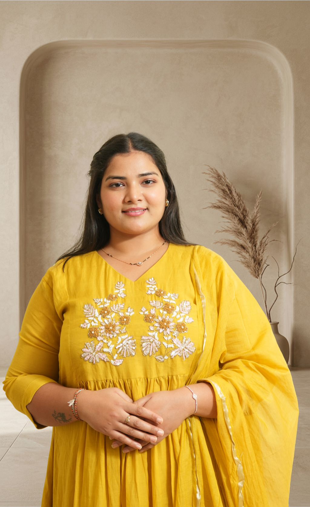 Women Yellow Embroidered Kurta Set with Dupatta