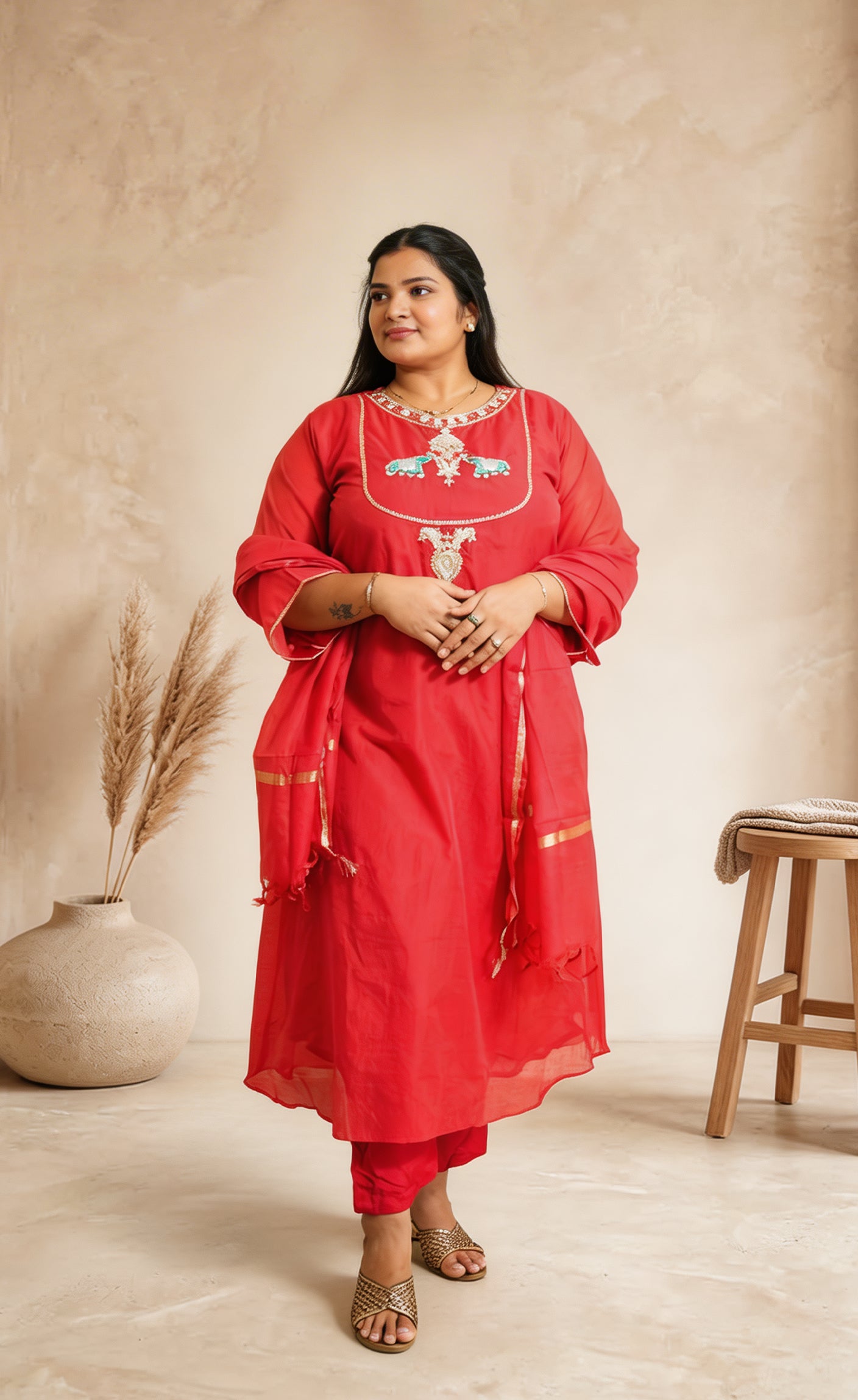 Festive Ethnic Red Embroidered Suit