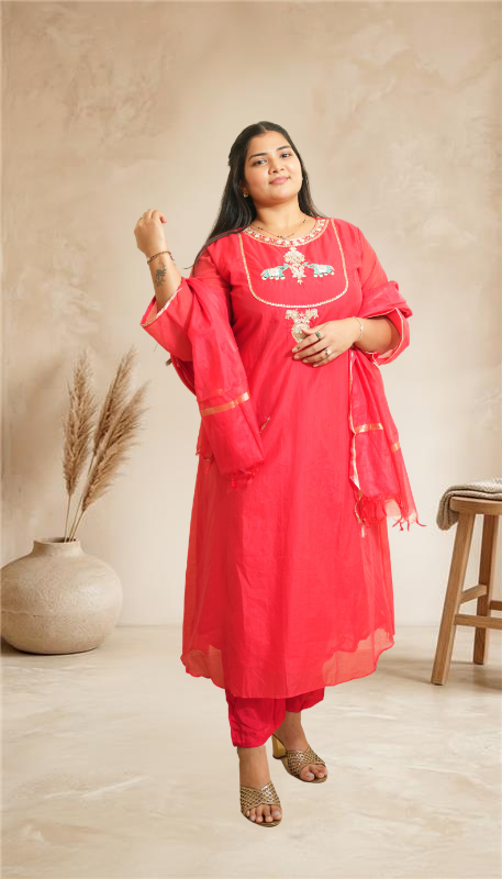Festive Ethnic Red Embroidered Suit
