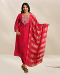 Women Bright Pink Embroidered Kurta with Pant & Striped Duptta