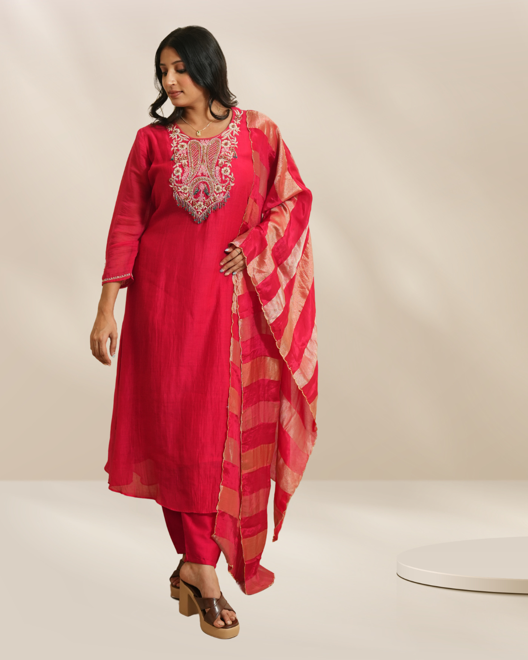 Women Bright Pink Embroidered Kurta with Pant & Striped Duptta