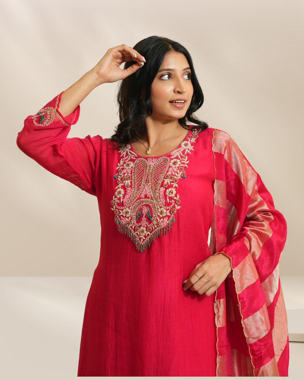 Women Bright Pink Embroidered Kurta with Pant & Striped Duptta