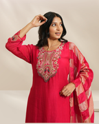 Women Bright Pink Embroidered Kurta with Pant & Striped Duptta