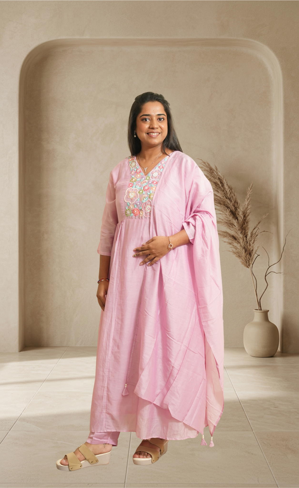 Women Pink Embroidered Kurta with Pants & Dupatta | Pastel Ethnic Set