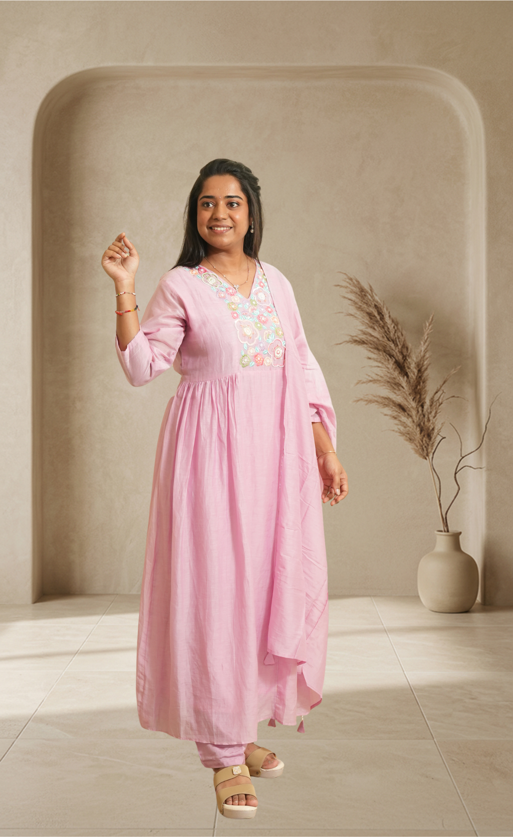 Women Pink Embroidered Kurta with Pants & Dupatta | Pastel Ethnic Set