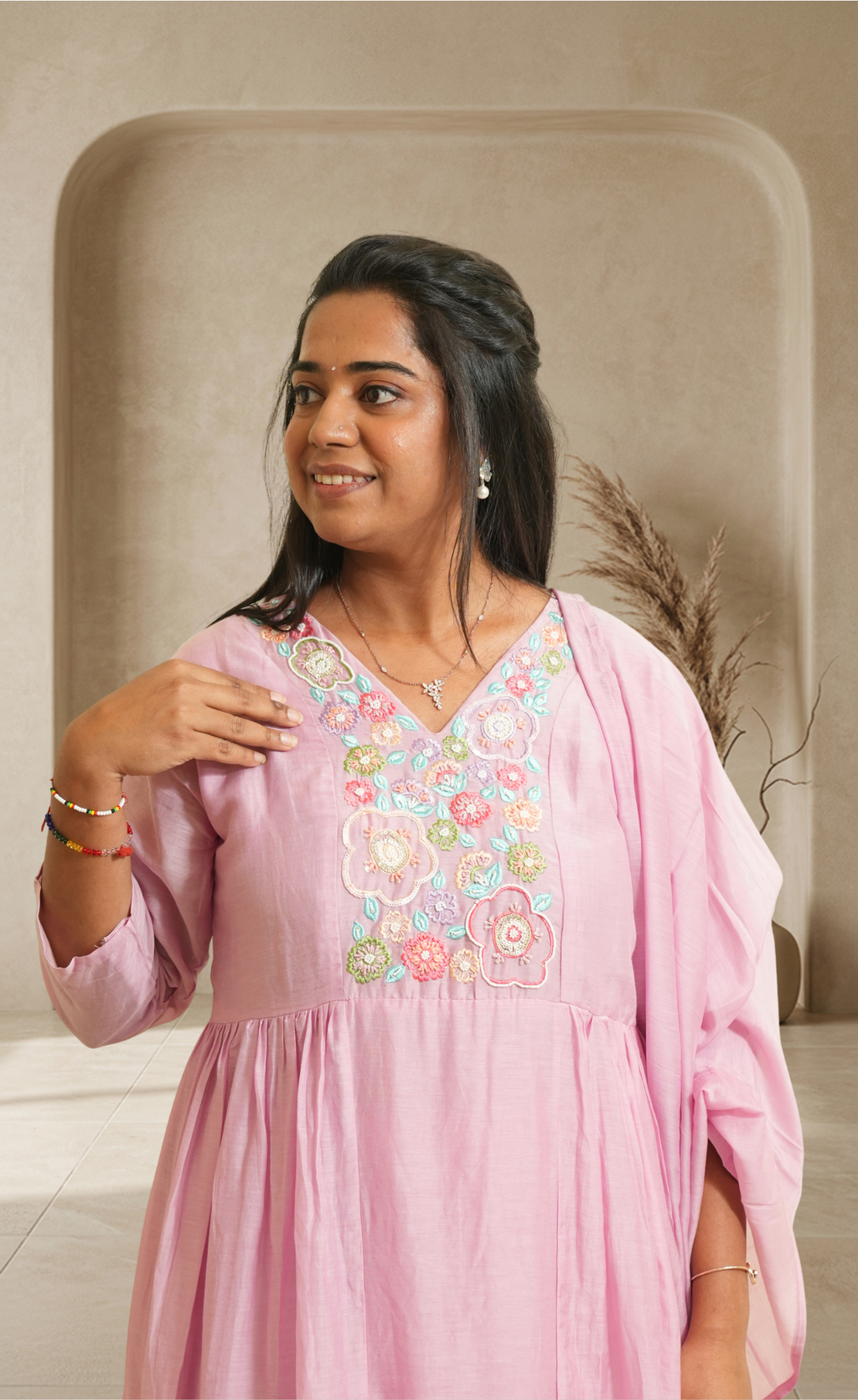 Women Pink Embroidered Kurta with Pants & Dupatta | Pastel Ethnic Set