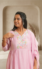 Women Pink Embroidered Kurta with Pants & Dupatta | Pastel Ethnic Set