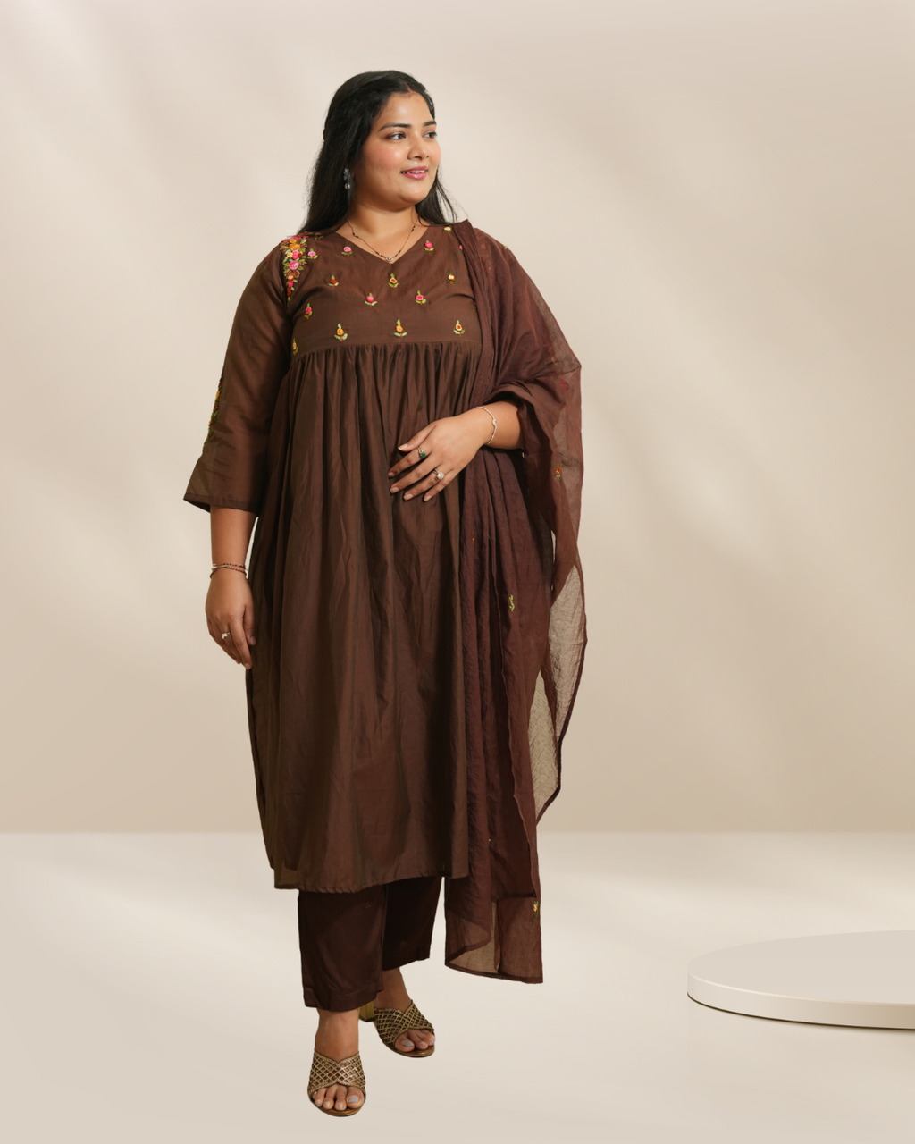 Women Brown Embroidered Kurta with Pants & Dupatta Set