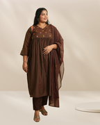 Women Brown Embroidered Kurta with Pants & Dupatta Set