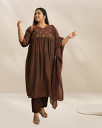 Women Brown Embroidered Kurta with Pants & Dupatta Set