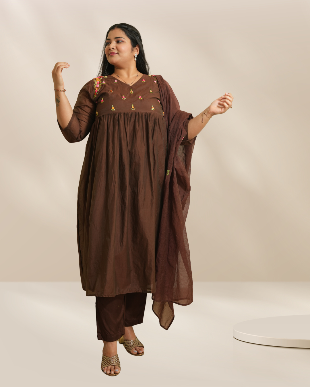 Women Brown Embroidered Kurta with Pants & Dupatta Set