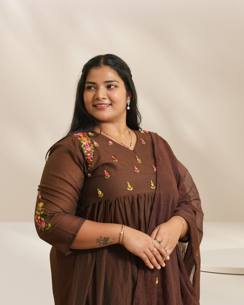 Women Brown Embroidered Kurta with Pants & Dupatta Set
